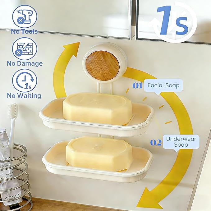 Dual-Suction Soap Dish Holder, Wall-Mounted No Drill Soap Saver with Double Layer Drying Rack, Strong Suction Cups for Bathroom, Shower, Kitchen Sink Countertop Organization