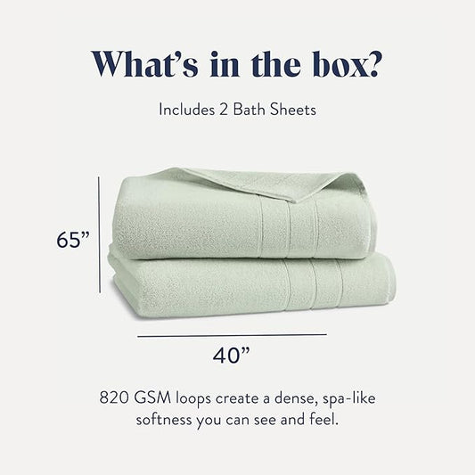 Brooklinen Super-Plush Turkish Cotton Bath Sheets - Set of 2 - Cotton, 820 GSM, Highly Absorbent, Machine Washable, Perfect for Home & Bathroom (40" x 65", Aloe Green)