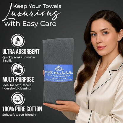 DAN RIVER 12 Pack Wash Cloths for Showering [12x12] - 100% Cotton Washcloths Premium Quality Flannel Face Cloths for Bathroom, Highly Absorbent and Soft Feel Wash Clothes, Grey