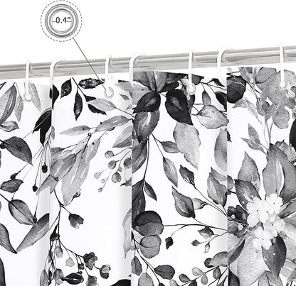 Gibelle Black and White Eucalyptus Shower Curtain, Grey Watercolor Plant Leaves with Floral Bathroom Shower Curtain Set, 72x72