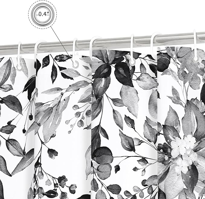 Gibelle Long Shower Curtain 72 x 78, Black and White Floral Shower Curtain, Watercolor Plant Eucalyptus Leaves Fabric Shower Curtain Set