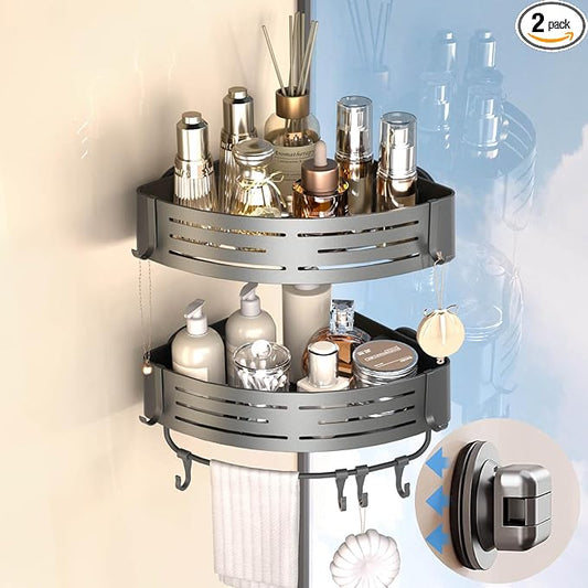 Onemake Corner Shower Caddy with Suction Cups, 2-Pack Removable Aluminum Wall Mounted Organizer Shelves Storage Rack with Towel Bar Portable Hook for Bathroom, Grey