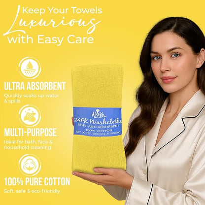 DAN RIVER 24 Pack Wash Cloths for Showering [12x12] - 100% Cotton Washcloths Premium Quality Flannel Face Cloths for Bathroom, Highly Absorbent and Soft Feel Wash Clothes, Yellow