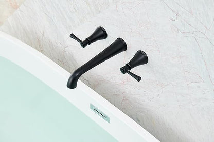 SITGES High Flow Matte Black Wall Mount Bathtub Faucet with Two Level Handles, Extra-Long 10.5" Spout Reach Solid Brass Wall Tub Filler with Rough-in Valve Included
