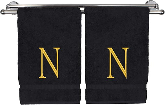 Monogrammed Hand Towel, Personalized Initial Gift, Extra Absorbent 100% Turkish Cotton - Soft Terry Finish - Set of 2 - Gold Block Initial N - Embroidered on Black Towels
