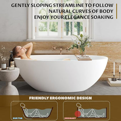 65 in Solid Surface Freestanding Bathtub, Contemporary Oval Shape Soaking Tub, Stone Resin Stand Alone Bathtub With Pop-Up Drain and Overflow, Cupc Certified,Matte White