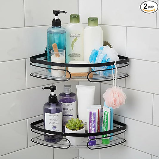 2-Pack Corner Shower Caddy – Rust-Resistant Wall-Mounted Bathroom Organizer with Included No-Drill Adhesives for Shampoo, Soap & Toiletries - Black (1-Layer, Triangle)