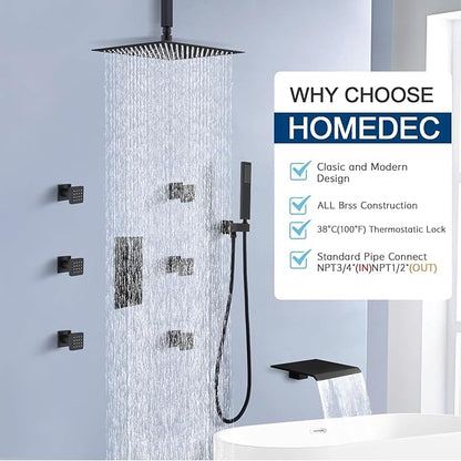 HOMEDEC Solid Brass 4 Ways Shower Diverter Valve, Thermostatic 3 Handles Control Shower Mixing Valve Trim Kit Rough In Replacement, Matte Black