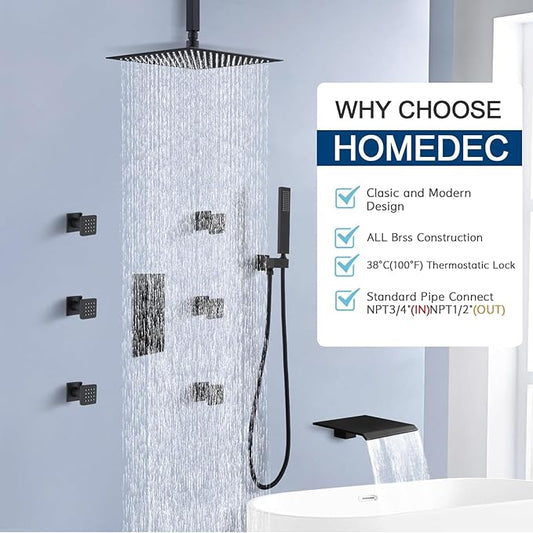 HOMEDEC Solid Brass 4 Ways Shower Diverter Valve, Thermostatic 3 Handles Control Shower Mixing Valve Trim Kit Rough In Replacement, Matte Black