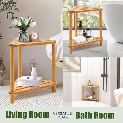 Bamboo Corner Shower Stool,2-Tier Waterproof Shower Stool for Inside Shower Shaving Leg,Small Spaces,Shower Foot Rest with Storage Shelf,Shower Bench,Bath Seat,Corner Nightstand gift for women mom