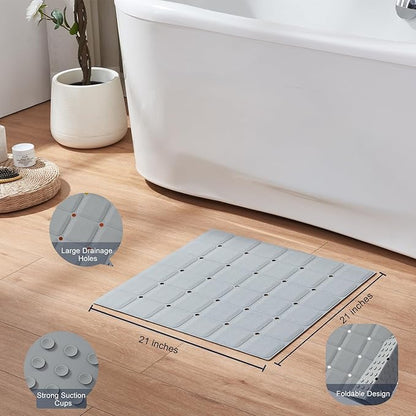 Anti Slip Shower Mat for Tub & Shower Stall, 21" x 21" Square Silicone Bathtub Mat with Powerful Suction Cups, Fast-Draining, Machine Washable Soft Foldable Bathroom Mat, Grey