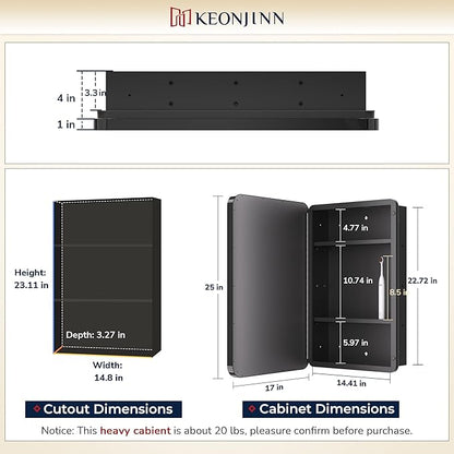 Keonjinn Black Medicine Cabinet 17 x 25 Inch, Heavy & Solid Bathroom Medicine Cabinet with Mirror, Stainless Steel Framed, Adjustable Shelves, Recessed or Wall Mount, Bathroom Mirror with Storage