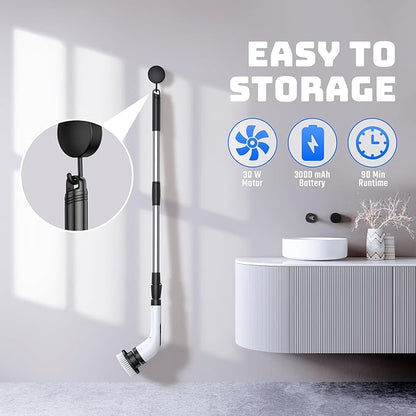 Electric Spin Scrubber - Cordless Bathroom Scrubber with 7 Brush Heads - Dual Speed IPX7 Waterproof Power Scrubber for Heavy-Duty Bathtub, Glass, Tile, and Car Cleaning (White)