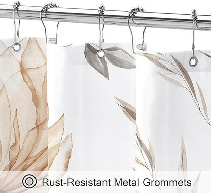 Long Boho Watercolor Floral Shower Curtain 72 x 78, Light Brown and Grey Ink Painting Style Flower Shower Curtains for Chic Elegant Bathroom, Artistic Tan 78 Inch Long Fabric Shower Curtain
