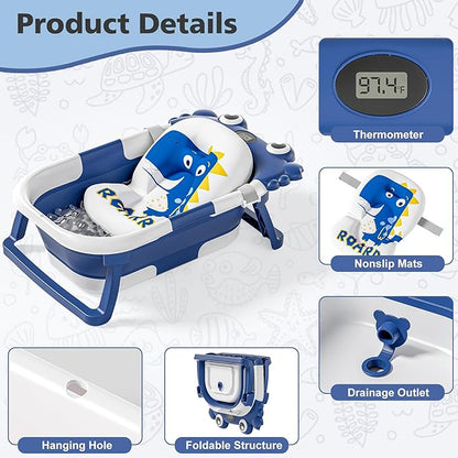 Collapsible Baby Bathtub for Newborns with Thermometer and Soft Floating Cushion Portable and Foldable Travel Baby Boy Bath Tub for Infants to Toddler 0-36 Month (Navyblue)