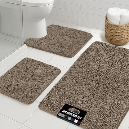 GORILLA GRIP Bathroom Rug Sets 3 Piece, Bath Mat Set and Oval Toilet Base with Rubber Backing, Plush Absorbent Shaggy Chenille Washable Mats, Includes 24x19.5, 24x17 and 36x24 Inch Rugs, Gray Beige