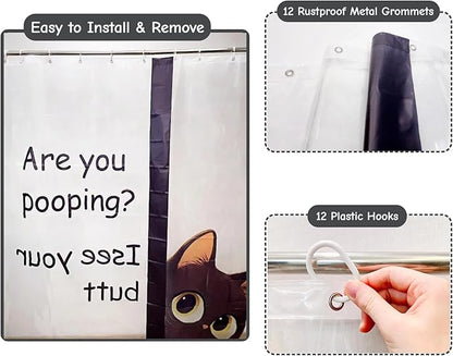 Clear Cute Funny Black Cat Shower Curtain Liner, Are You Pooping Shower Curtain, Fun Anime Cat Shower Curtains for Bathroom, 72x78 Plastic Cool Summer Shower Curtain Set with Weighted Magnets 12 Hooks