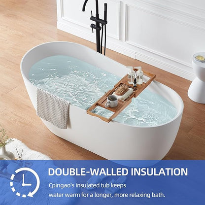 Cpingao 63" Stone Resin Solid Surface Freestanding Bathtub, Modern Stand Alone Soaking Tub with Overflow and Pop Up Drain, One-Piece Molding Matte White 8828-1600