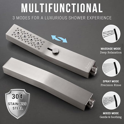 G-Promise 14 Inches Shower faucet Sets Complete, All Metal Rainfall Shower Head and Handle Set, Extended Downward Diverter, Extension Arm Pressure Balance Rough-in Valve and Tub Spout Included