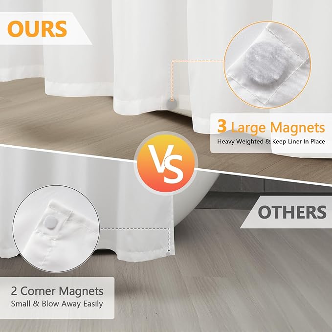 Extra Long Fabric Shower Curtain Liner Waterproof, 72 x 76 inch Washable Cloth Shower Liner with 3 Weighted Magnets, Neutral White Minimalist Shower Curtain Long