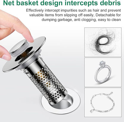 Bathroom Sink Drain Strainer,Pop-Up Sink Stopper Hair Catcher, Anti-Clog Stainless Steel Drain Filter Basket, Removable Sink Drain for Bathroom Sink Stopper Replacement (Silver-2)