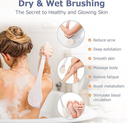 VANZAVANZU Shower Brush, Bath Body Brush with Soft Bristles, 15.4" Back Brush Long Handle for Shower, Dry Exfoliating Brush or Wet Shower Brush with Moderate Bristles, Cream White
