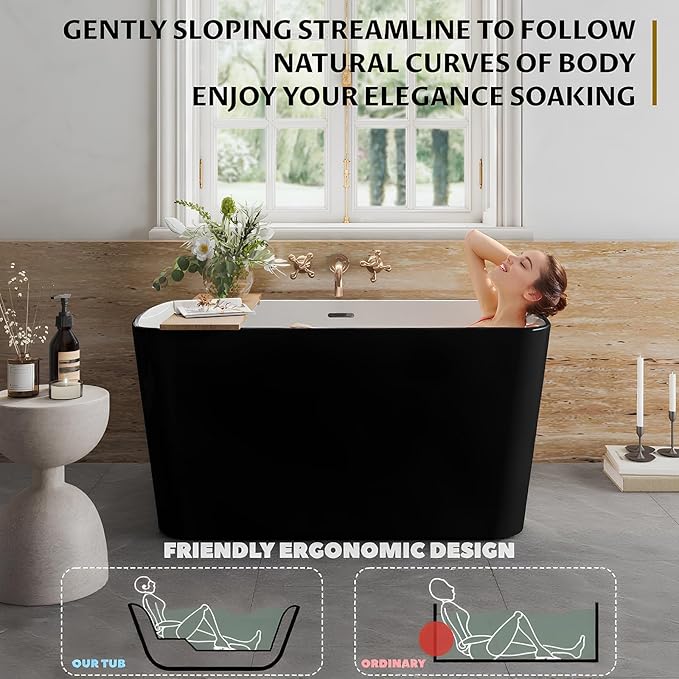 49 Inch Acrylic Freestanding Bathtub, Soaking Bathtub with Matte Drain and Overflow, cUPC Certified, Modern Square Tub with Deep Ergonomic Design and Double-Walled Insulation for Bathroom Use, Black
