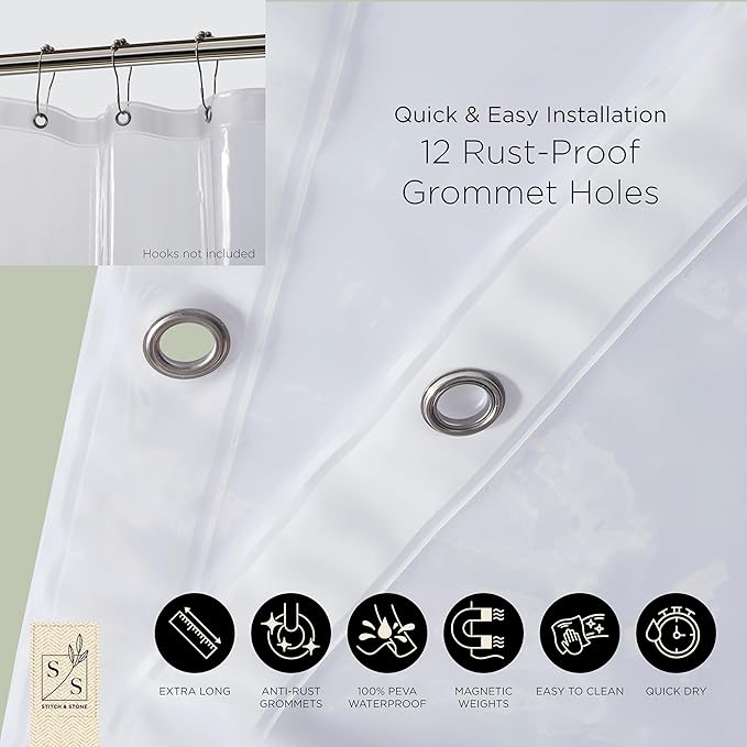 Stitch & Stone Shower Curtain Liner, Premium Medium Weight Durable Waterproof 6g PEVA for Bathroom with Weighted Magnets, Extra Long 72" x 96", Clear 1 Pack