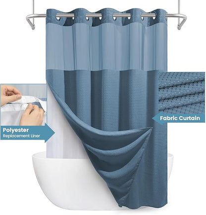 Moonlight Blue No Hook Shower Curtain with Snap in Liner,230GSM Waffle Weave Shower Curtains for Bathroom,71W x 74H