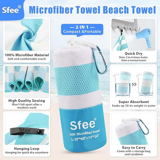 Sfee 2 in 1 Microfiber Oversized Beach Towel, Quick Dry Towel Travel Towel Camping Towel Super Absorbent Compact Lightweight Sports Gym Towels for Beach,Gym, Hiking, Pool, Backpacking, Bath, Yoga