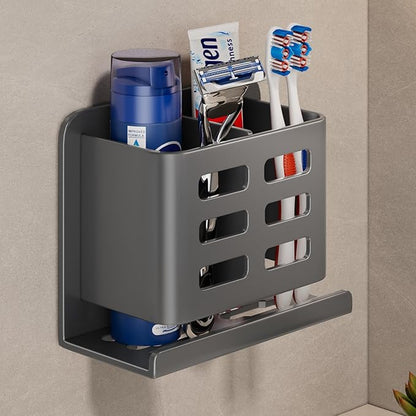 Grey Wall-Mounted Toothbrush Holder, Aluminum Material Shower Shaver Storage Rack, No Drilling Required, Removable Toothpaste Storage Rack