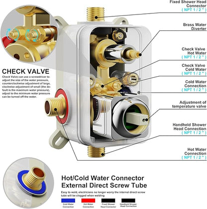 Shower System Modern Rain Brass Faucet Set With Valve and Diverter Shower Mixer With Handheld High Pressure Square Rainfall Shower Valve (12'' Wall Mount, Chrome Polished)