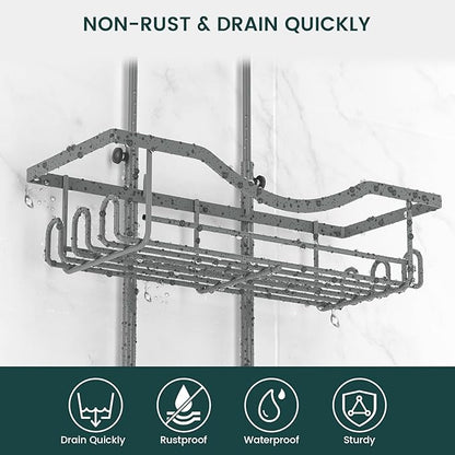 REINHARDT Shower Caddy Hanging Adjustable, Extended Length Rustproof Shower Caddy Over Shower Head with Hooks Soap Holder, Large Capacity Shower Organizer Anti-Swing Bathroom Organizer, Grey
