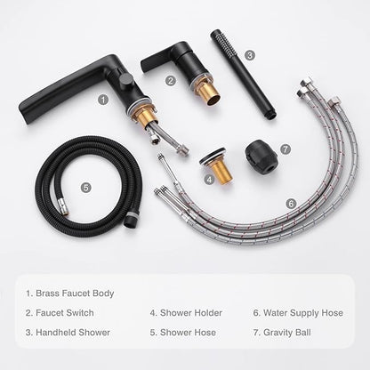 TapLong Waterfall Roman Tub Faucet with Hand Shower, Widespread Deck Mount Bathtub Faucet with Sprayer, Single-Handle 3-Holes Bathtub Shower Faucet Set in Matte Black, 03119B