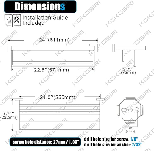 KOKOSIRI Matte Black Towel Rack 24'' Bathroom Towel Shelf with Double Towel Bars SUS304 Stainless Steel Wall Mounted, B6003BK