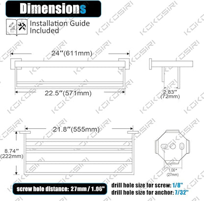 KOKOSIRI 24'' Bathroom Towel Shelf Chrome Towel Rack with Two Bath Towel Bars SUS304 Stainless Steel Wall Mounted, Polished Finish, B6003CH