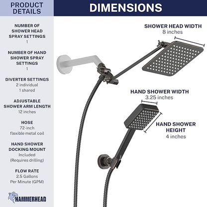 HammerHead® Solid Metal Dual Shower Head Combo — 8" Square Rain Shower Head with Handheld, 12" Adjustable Arm & Wall-Mount Holder for Flexible Installation — Oil Rubbed Bronze