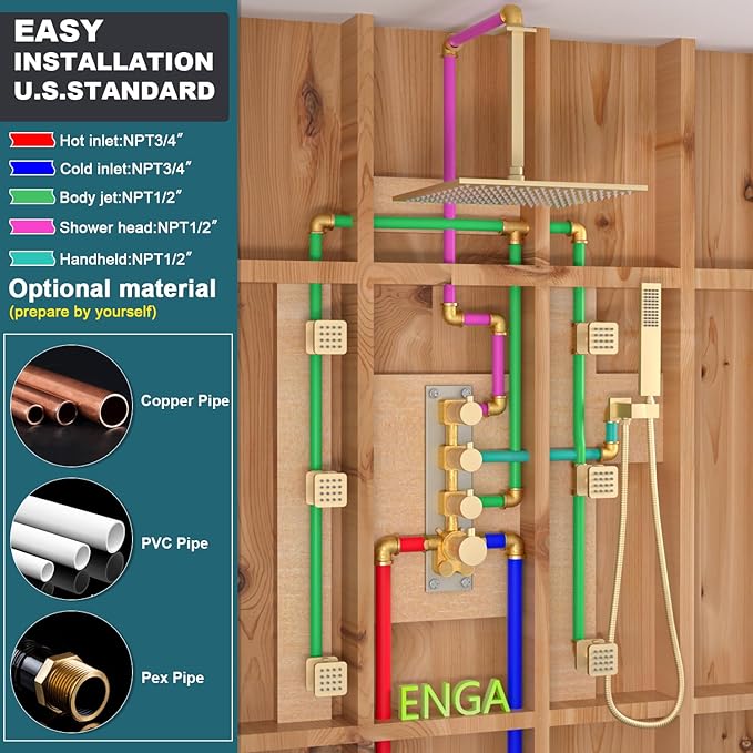 Enga Brushed Gold Shower Jets System, 16 Inch LED Rainfall Shower Faucet Set Body Spray with On-off Switch, Thermostatic Shower System Work At the Same Time