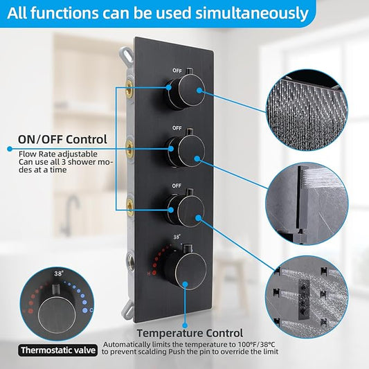 16x32 Inches Bathroom Shower System Ceiling Mount Thermostatic Luxury Rain Shower With 6 On/Off Body Jets and Handheld Shower Faucet Set Full Body Massage Shower Mixer Combo Set Oil Rubbed Bronze