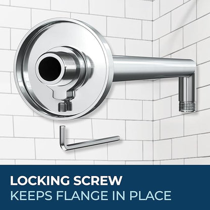 HammerHead Showers® Solid Metal 16 Inch Extended Shower Arm and Flange with Set Screw, Long Shower Arm, Extends Rain Shower Overhead, Wall-Mounted Rain Shower Arm, Chrome