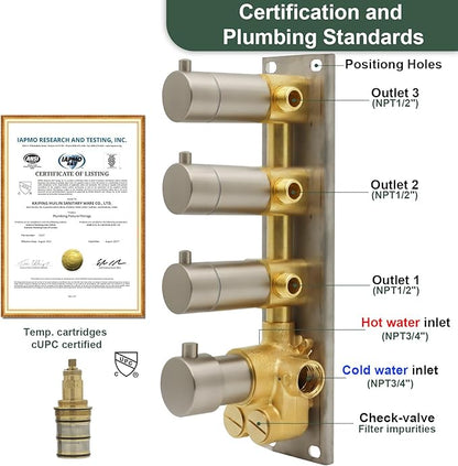 HOMEDEC 3 Way Shower Diverter Valve, 3 Outlets Multi Function Thermostatic Shower Brass Valve Can Run Simultaneously, Brushed Nickel