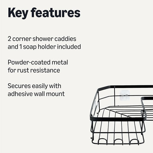 Amazon Basics Corner Shower Caddy Organizer, Stainless Steel, Black, Set of 3