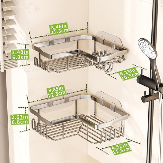 SWTYMIKI Shower Caddy Corner with Soap Holder, 2-Tier Stainless Steel Corner Shower Organizer with 11 Hooks, No Drilling & 6 Strong Adhesives Bathroom Shelf Organizer, Silver - 2 Tier