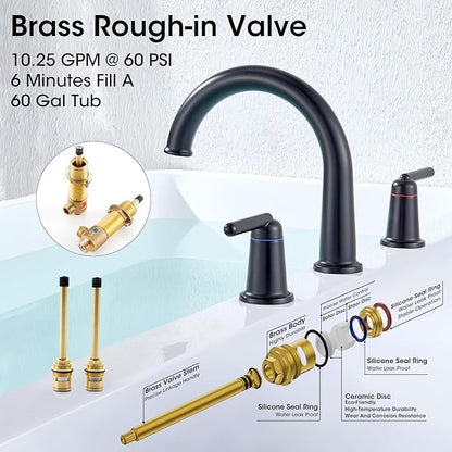 Bathtub Faucet Set 3 Hole, Widespread Deck Mount Tub Faucet with Valve Brass High Flow Tub Filler Garden Bath Tub Faucet Set 2-Handle High Arch Roman Bathtub Faucets Matte Black WT-9807BK