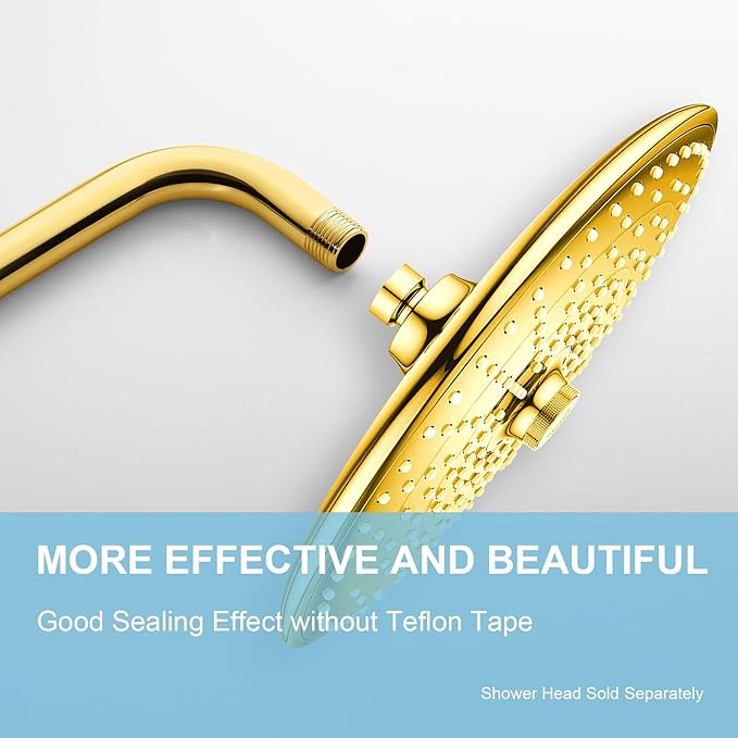 OFFO Shower Arm with Flange, 12 in Bright Gold Wall Mount Replacement Angle Shower Head Arm Wall-Mounted For Fixed Shower Head & Handheld Showerhead