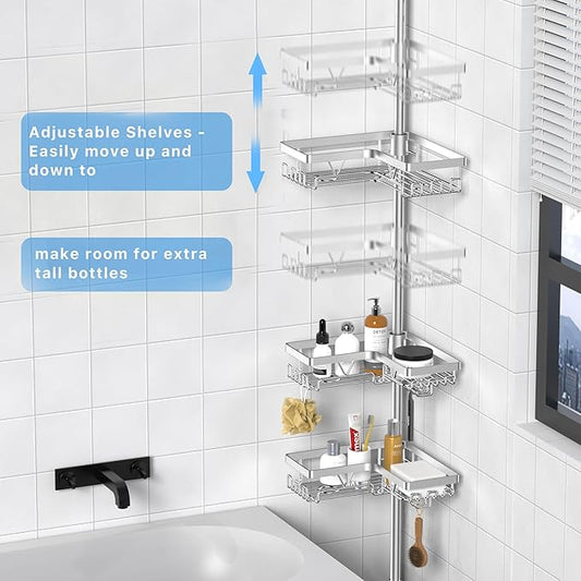 4-Tier Shower Caddy/Shower Organizer - Corner Standing Tension Pole Adjustable 25-114.2 inches Built in 2 Soap Holder Rustproof Silver Finish