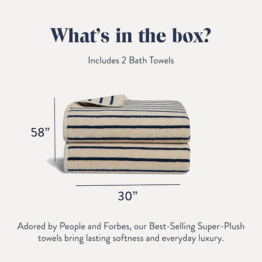 Brooklinen Super-Plush Turkish Cotton Bath Towels - Set of 2 - Cotton, 820 GSM, Highly Absorbent, Machine Washable, Perfect for Home & Bathroom (30" x 58", Striped Navy)
