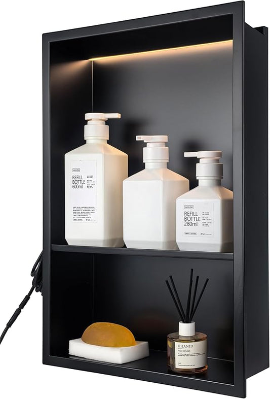 Black LED Shower Niche Stainless Steel 304 for Bathroom Storage Lighting,No Tile Need Recessed Wall Double-Shelves for Waterproof Lighting and Storage，Matte Black, 18" * 12"