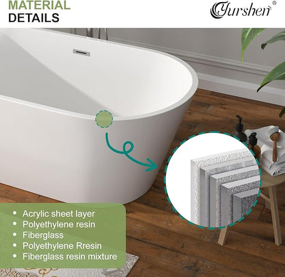 63 Inch Freestanding Bathtub White Acrylic Roll Top Soaking Tub with Chrome Drain Spacious Tub for Modern Homes, YSB9221
