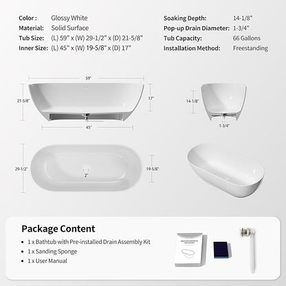 Abruzzo 59" Freestanding Bathtub Solid Surface - Oval Stone Resin Soaking Tub with Overflow & Pop-Up Drain, cUPC Certified Gloss White, Heavy Duty for Modern Bathroom